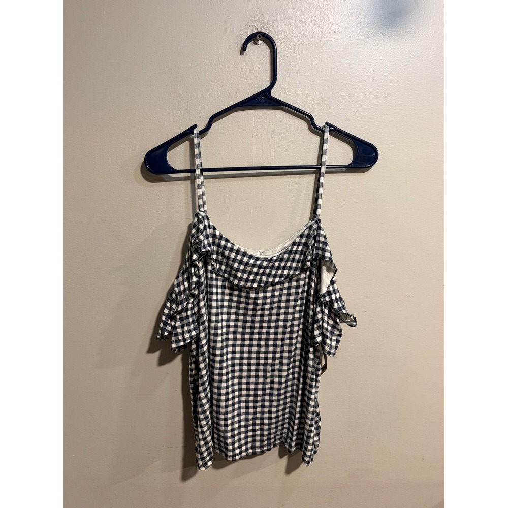 American Eagle Soft & Sexy Gingham Cold Shoulder Ruffle Top Navy Blue White L
